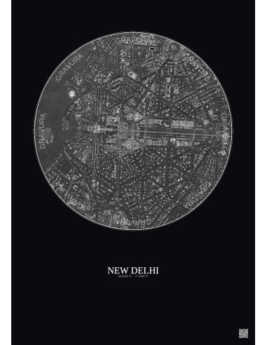 Affiche New Delhi – Poster vue satellite 2.5km N&B | Gravura – Fond foncé