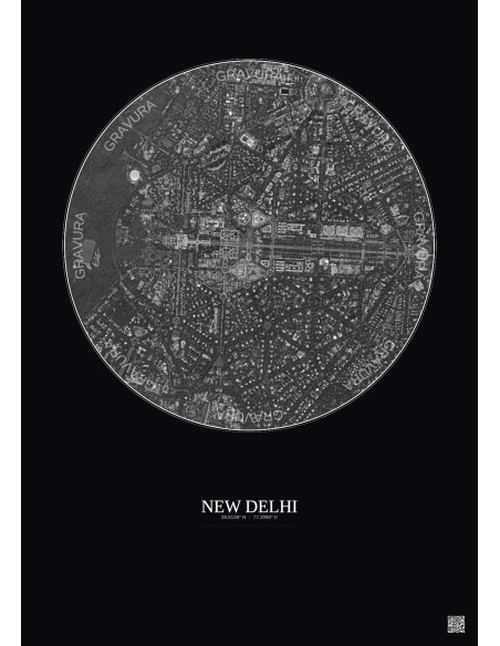 Affiche New Delhi – Poster vue satellite 2.5km N&B | Gravura – Fond foncé