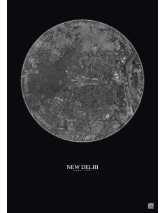 Affiche New Delhi – Poster vue satellite 6km N&B | Gravura – Fond foncé