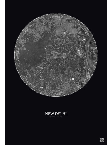 Affiche New Delhi – Poster vue satellite 6km N&B | Gravura – Fond foncé