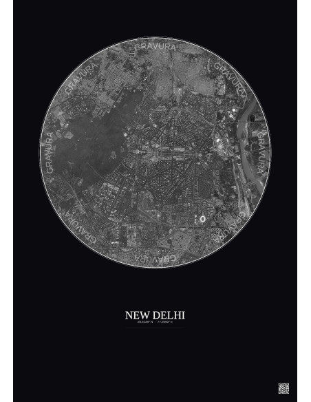Affiche New Delhi – Poster vue satellite 6km N&B | Gravura – Fond foncé