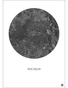 Affiche New Delhi – Poster vue satellite 6km N&B | Gravura – Fond clair