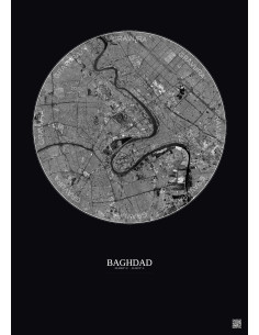 Affiche Baghdad – Poster vue satellite 10km N&B | Gravura – Fond foncé