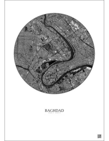 Affiche Baghdad – Poster vue satellite 6km N&B | Gravura – Fond clair