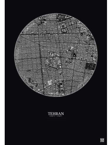 Affiche Tehran – Poster vue satellite 2.5km N&B | Gravura – Fond foncé