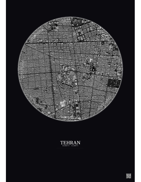 Affiche Tehran – Poster vue satellite 2.5km N&B | Gravura – Fond foncé