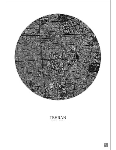 Affiche Tehran – Poster vue satellite 2.5km N&B | Gravura – Fond clair