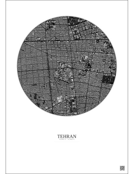 Affiche Tehran – Poster vue satellite 2.5km N&B | Gravura – Fond clair