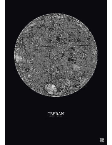 Affiche Tehran – Poster vue satellite 6km N&B | Gravura – Fond foncé