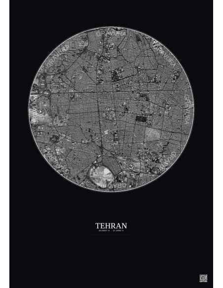 Affiche Tehran – Poster vue satellite 6km N&B | Gravura – Fond foncé