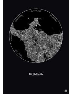 Affiche Reykjavik – Poster vue satellite 2.5km N&B | Gravura – Fond foncé