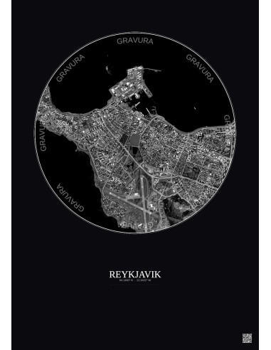 Reykjavik Satellite View Poster 2.5km B&W | Gravura – Dark background