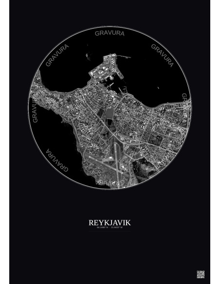 Reykjavik Satellite View Poster 2.5km B&W | Gravura – Dark background