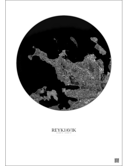 Reykjavik Satellite View Poster 6km B&W | Gravura – Light background