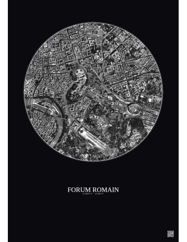 Affiche Forum Romain – Poster vue satellite 1km N&B | Gravura – Fond foncé