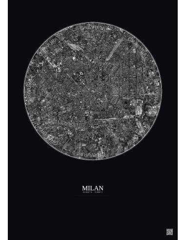 Milan Satellite View Poster 5km B&W | Gravura – Dark background