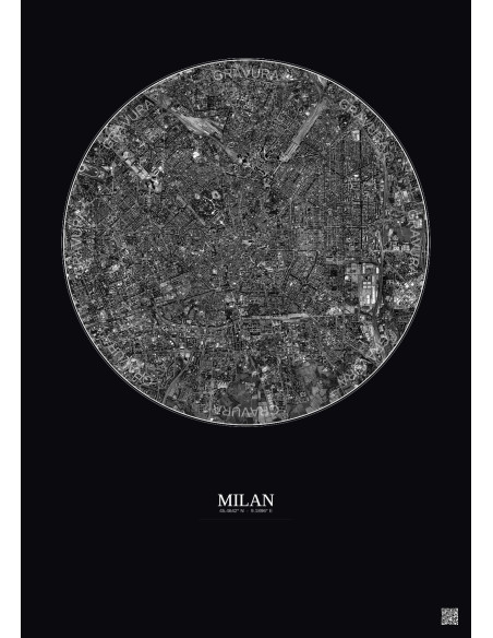 Milan Satellite View Poster 5km B&W | Gravura – Dark background