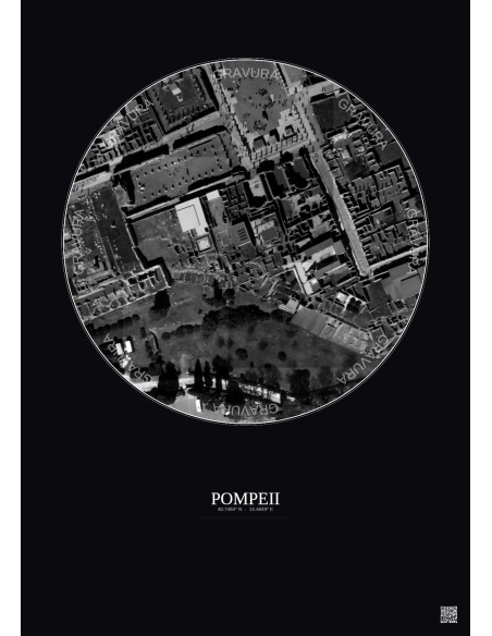 Affiche Pompeii – Poster vue satellite 0.1km N&B | Gravura – Fond foncé