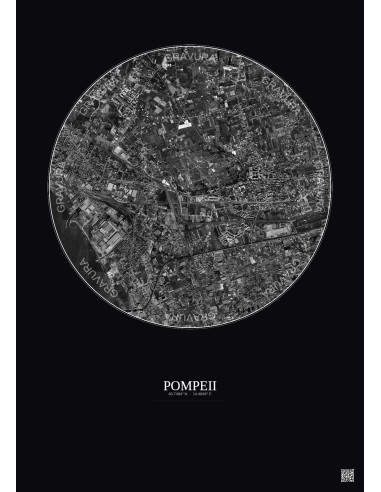 Affiche Pompeii – Poster vue satellite 2.5km N&B | Gravura – Fond foncé