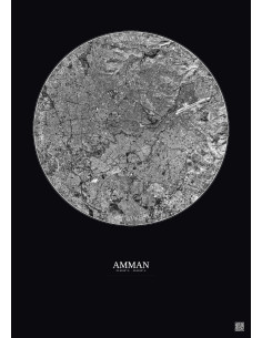 Affiche Amman – Poster vue satellite 10km N&B | Gravura – Fond foncé