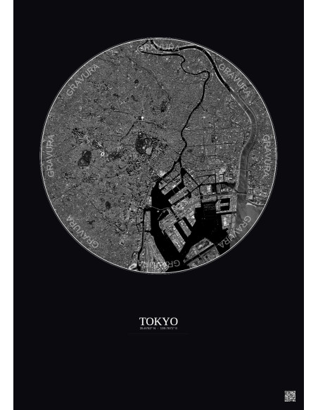 Affiche Tokyo – Poster vue satellite 10km N&B | Gravura – Fond foncé