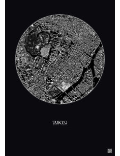 Affiche Tokyo – Poster vue satellite 2.5km N&B | Gravura – Fond foncé