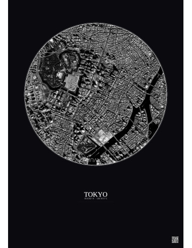 Affiche Tokyo – Poster vue satellite 2.5km N&B | Gravura – Fond foncé