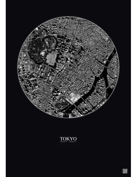 Affiche Tokyo – Poster vue satellite 2.5km N&B | Gravura – Fond foncé