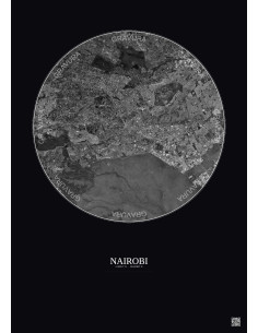Affiche Nairobi – Poster vue satellite 10km N&B | Gravura – Fond foncé