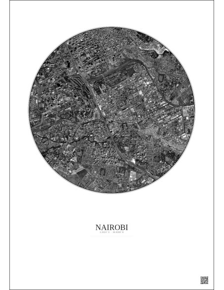 Affiche Nairobi – Poster vue satellite 2.5km N&B | Gravura – Fond clair