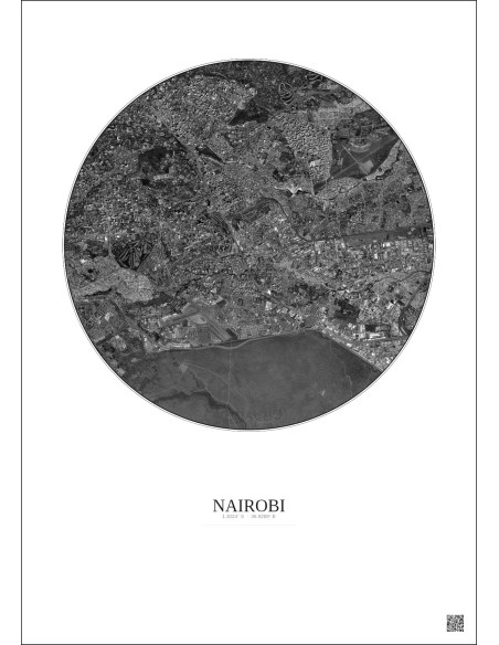 Affiche Nairobi – Poster vue satellite 6km N&B | Gravura – Fond clair