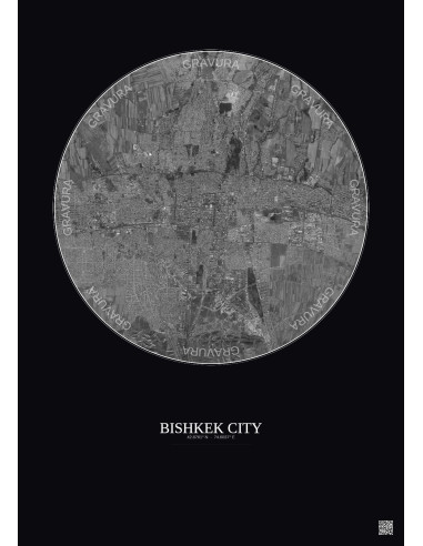 Bishkek City Satellite View Poster 10km B&W | Gravura – Dark background