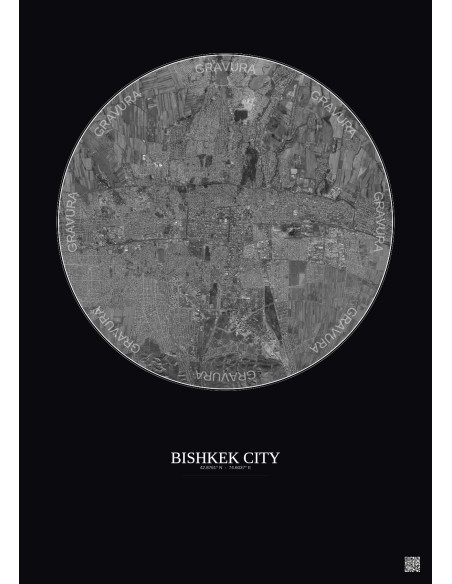 Bishkek City Satellite View Poster 10km B&W | Gravura – Dark background