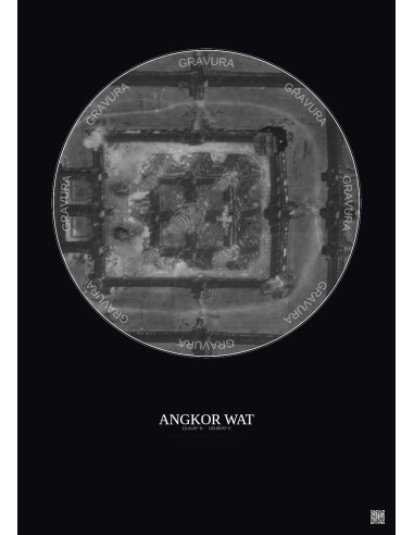 Affiche Angkor Wat – Poster vue satellite 0.1km N&B | Gravura – Fond foncé