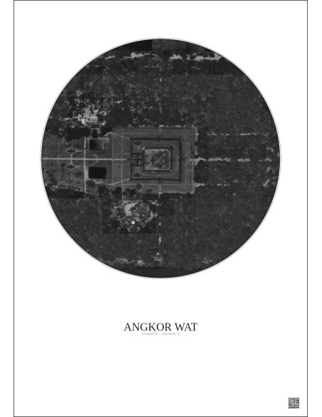 Affiche Angkor Wat – Poster vue satellite 0.5km N&B | Gravura – Fond clair