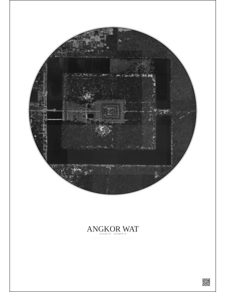 Affiche Angkor Wat – Poster vue satellite 1km N&B | Gravura – Fond clair