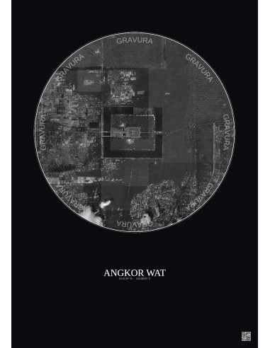 Angkor Wat Satellite View Poster 2.5km B&W | Gravura – Dark background
