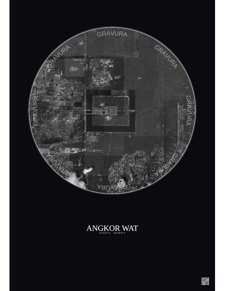 Angkor Wat Satellite View Poster 2.5km B&W | Gravura – Dark background