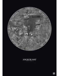 Affiche Angkor Wat – Poster vue satellite 10km N&B | Gravura – Fond foncé