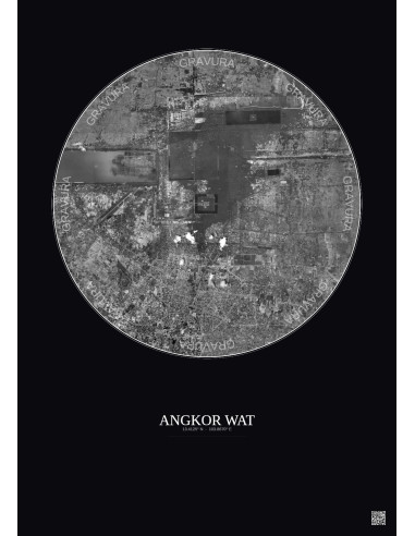Affiche Angkor Wat – Poster vue satellite 10km N&B | Gravura – Fond foncé