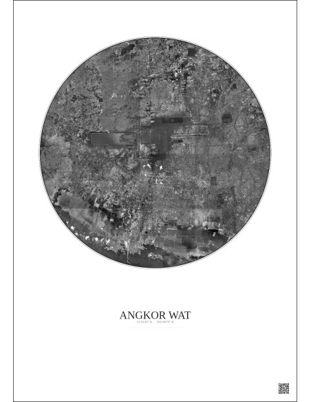 Affiche Angkor Wat – Poster vue satellite 20km N&B | Gravura – Fond clair