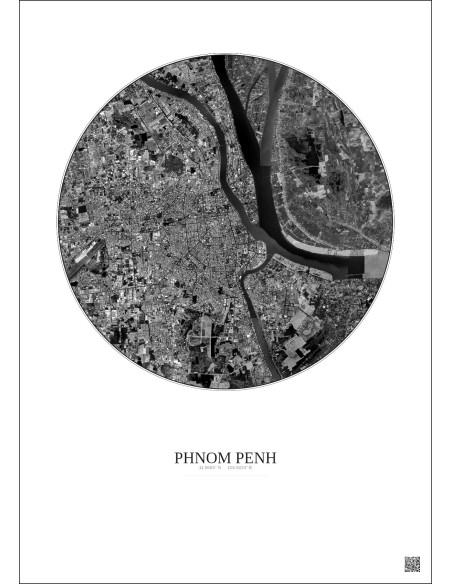 Phnom Penh Satellite View Poster 10km B&W | Gravura – Light background