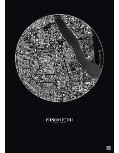 Phnom Penh Satellite View Poster 2.5km B&W | Gravura – Dark background