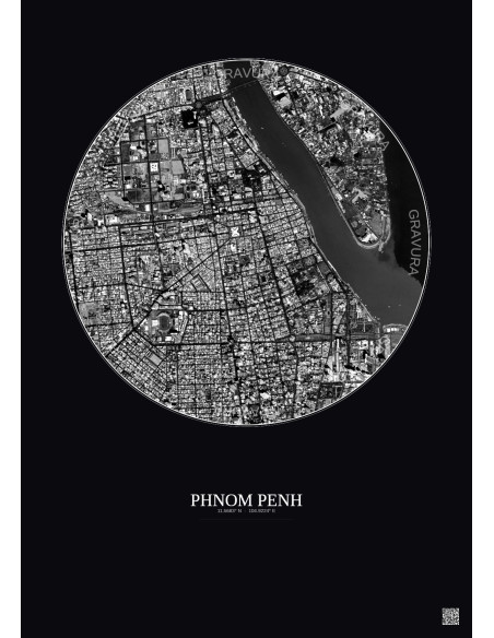 Phnom Penh Satellite View Poster 2.5km B&W | Gravura – Dark background