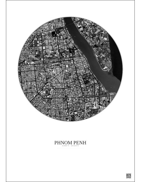 Affiche Phnom Penh – Poster vue satellite 2.5km N&B | Gravura – Fond clair