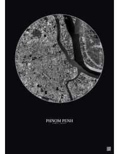 Affiche Phnom Penh – Poster vue satellite 6km N&B | Gravura – Fond foncé