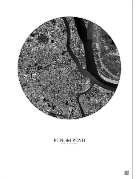 Affiche Phnom Penh – Poster vue satellite 6km N&B | Gravura – Fond clair