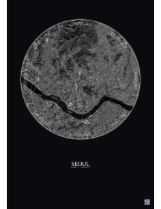 Affiche Seoul – Poster vue satellite 10km N&B | Gravura – Fond foncé