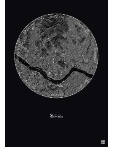 Affiche Seoul – Poster vue satellite 10km N&B | Gravura – Fond foncé
