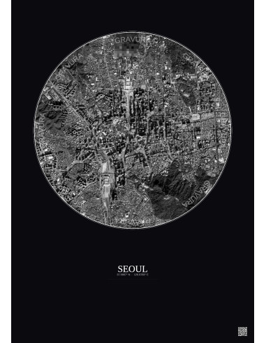 Seoul Satellite View Poster 2.5km B&W | Gravura – Dark background